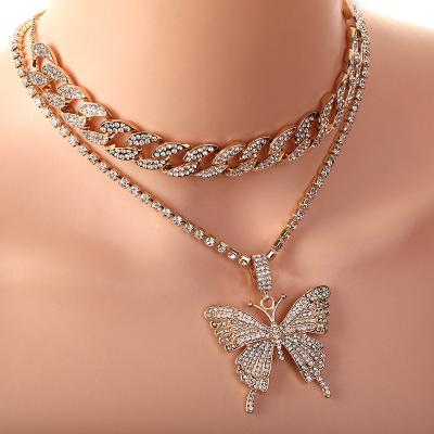 China Hot Selling Hiphop Exaggerated Micro Inlay Rhinestones Geometric Retro Necklaces Set Cuban Link Big Butterfly Chain Necklace for sale