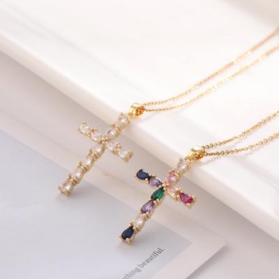 China Kingcome Religious New Fashion Real Religious Necklaces Gold Plating Micro-Inlaid Colorful Zircon Water Drops Cross Necklace for sale