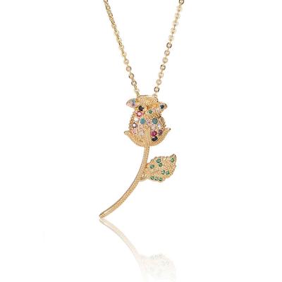 China Advanced Zircon Tulip Rose Flower Pendant Necklace Light FASHIONABLE Luxury All-match Kingcome Design Color Gold Plated for sale