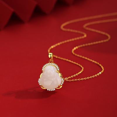 China New Religious Women's Mother's Day Clavicle Chain Necklaces S925 Sterling Silver Natural Hetian Jade Maitreya Buddha Upper Necklace for sale