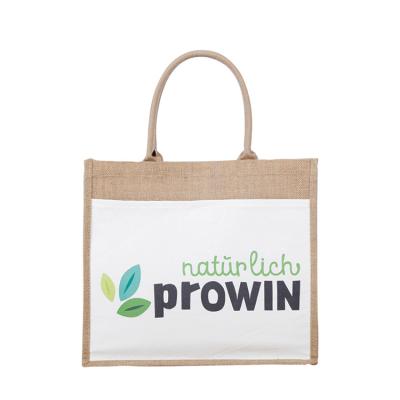 China Wholesale High Quality Reusable Handled Jute Burlap Tote Bag Reusable Bag With Custom Printed Logo for sale