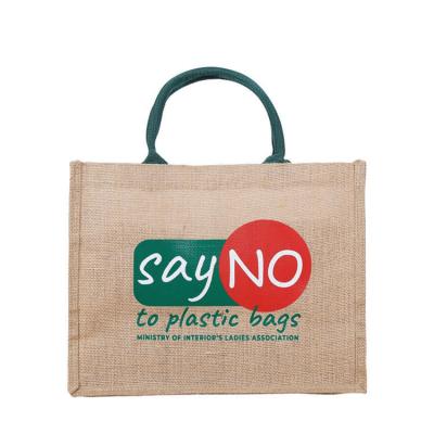 China Factory Reusable Natural Eco-Friendly Handled Jute Tote Bags Burlap Shopping Bag With Custom Printed Logo for sale