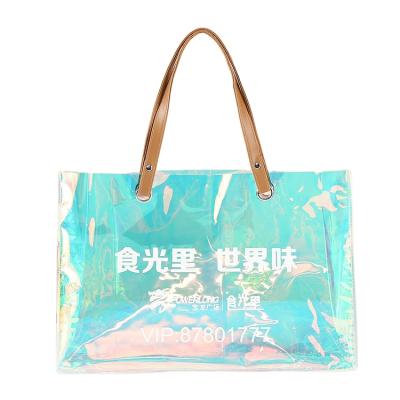 China Factory Wholesale Custom Handled Logo Pvc Holographic Tote Bag Custom Colored Hologram Bag With Leather Handle for sale