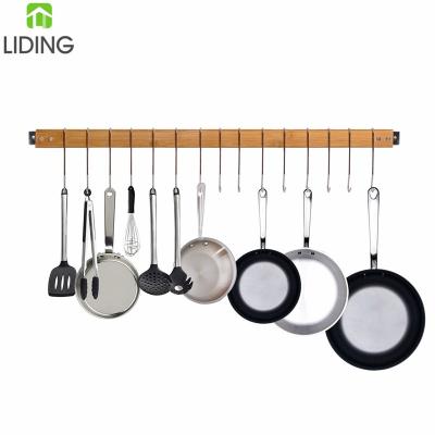 China Sustainable Bamboo Wall Mount Pot Rack, Cookware Hanger with 15 Hooks for Pot Pans Utensils for sale