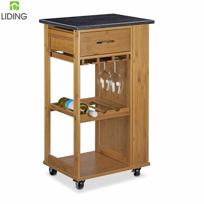 China Kitchen Countertops Kitchen Natural Bamboo Marble Cart With Vegetable Wine Rack Kitchen Cart for sale