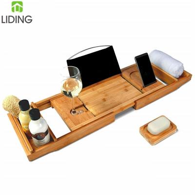 China Sustainable Bamboo Tub Caddy Tray Bath Tub Caddy Bathroom Consumable Caddy for sale