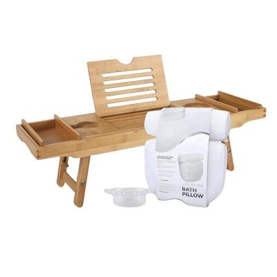 China Sustainable Bamboo Bathroom 2 in 1 Tub Caddy and Bed Tray with Bath Pillow and Drain Stopper for sale