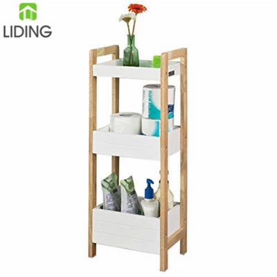 China Bamboo Bathroom Display Trolley Bamboo Wooden Rack Baskets Bathroom Shower Toilet Bathroom Rack for sale