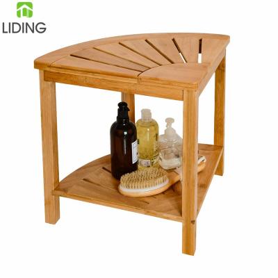 China Shower Bench Shower Stool Bamboo Corner Shower Seat With Storage Shelf 15.8 x 15.8 x 17 Inches for sale