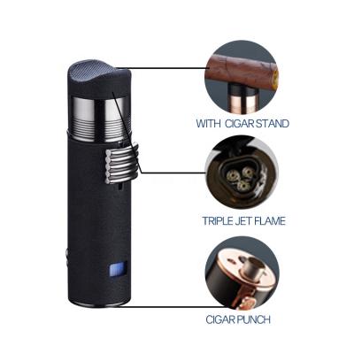 China Windproof Refillable Gas Cigar Holder Butane Triple Jet Flame Torch Fire OEM Cigar Lighter and Punch for sale