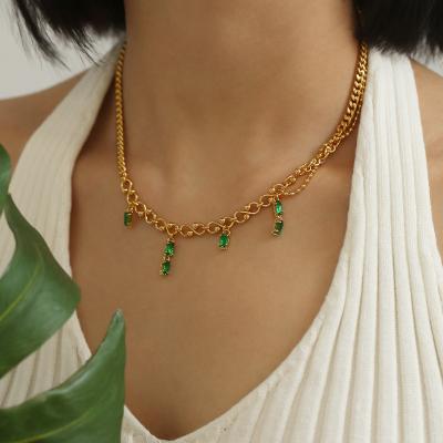 China Retro Multilayer INS Emerald Zircon Necklace For Women Fashionable High Quality New Arrival Gold Plated Necklace for sale