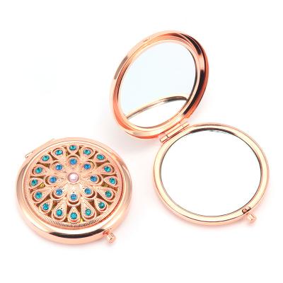 China High End Mirror Gold Makeup Jewelry Rhinestone Diamond Gift Metal Portable Mirror for sale