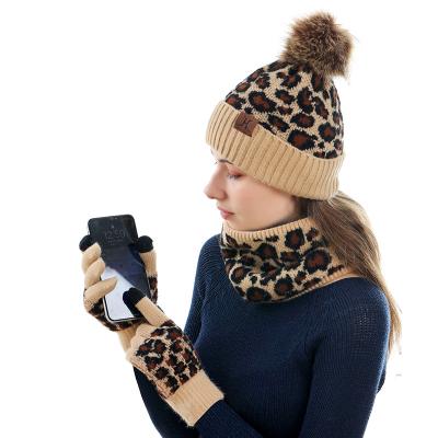 China Winter Warmth Cute Leopard Print Knitted Woman Hats Set for sale