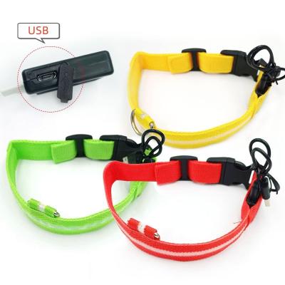 China Viable Rechargeable Reflective Anti-lost Polyester LED Pet Flashing Glow in the Dark Fluorescent Leash Accessories Dog Pet Collars for sale