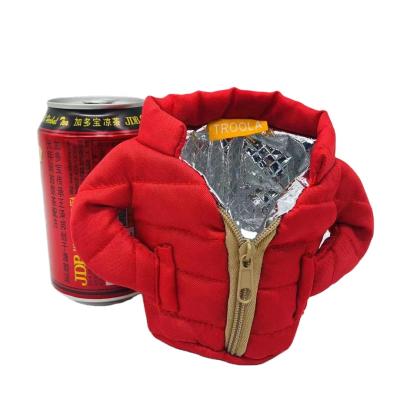 China Waterproof 2022 New 330ml Portable Down Jacket Shape Insulated Beer Drink Can Stand Cold Beer Coats With Zipper for sale