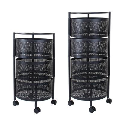 China Stocked Round Basket Kitchen Rotating Storage Rack Storage Rack Fruit Vegetables Metal Storage Cages With Wheels Cart for sale