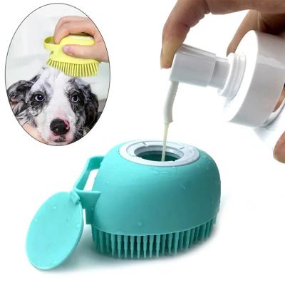 China Sustainable 2 in 1 Soft Silicone Pet Grooming Cleaning Shower Body Scrubber Cat Bath Massage Dog Brush with Shampoo Dispenser For Pet for sale