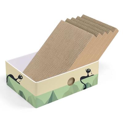 China Sustainable High Quality Cat Scratcher Cardboard Box with 5 Pack Replacement Reversible Cat Scratcher Pad for sale