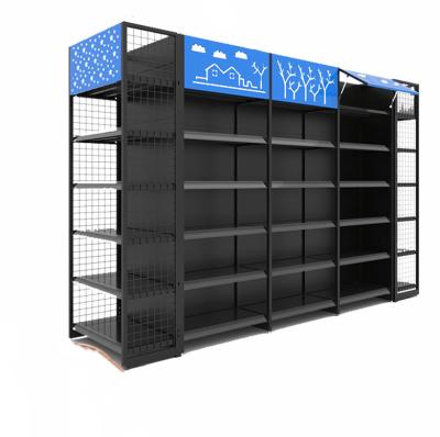 China Heavy Duty Double Sided Supermarket Shelf Mesh Large Supermarket Shelf Display Stand with Custom Light Box Display Board Shelf for sale