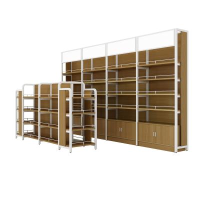 China Double Sided Wooden Shelf Supermarket Store Racks High Quality Multilayers Medicine Shelves for sale