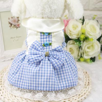 China Wholesale Viable Cute Plaid Printed Puppy Pet Clothes Bow Tie Shirts Girl Dog Clothes Sun Dress for sale