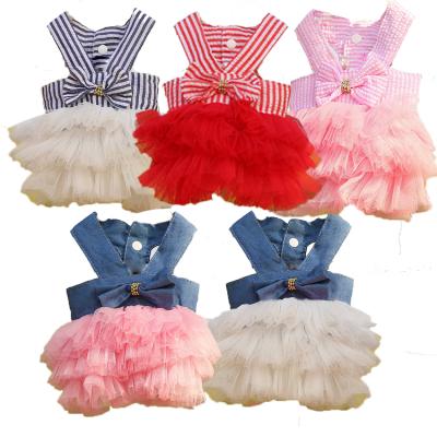 China Viable Girl Dog Clothes Pet Cat Costumer Cute Shirts Small Luxury Striped Wholesale Mesh Dresses Puppy for sale