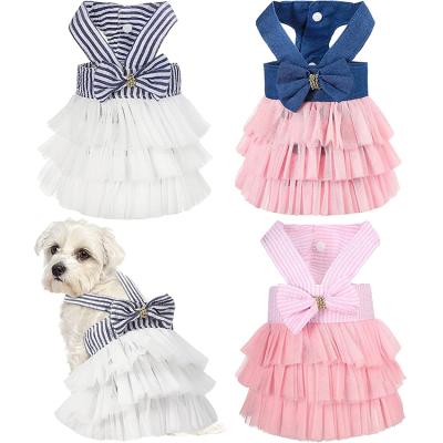 China Wholesale Viable Fashion Pet Clothing Girl Dog Clothes Puppy Dress Skirt Striped Mesh Princess Summer Dresses for sale