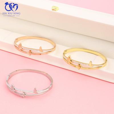 China Luxury Fashion Casual/Sporty 18K Gold PVD Plated Oval Zircon Cuff Bracelet Stainless Steel Pave Open Zircon Cuff Bracelet For Women for sale