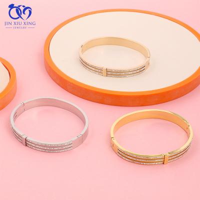 China Luxury Fashion Casual/Sporty 18K Gold PVD Plated Oval Zircon Cuff Bracelet Stainless Steel Pave Open Zircon Cuff Bracelet For Women for sale