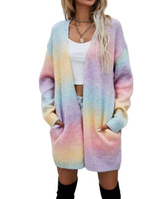 China QUICK DRY ODM/OEM Customized Mid Length Rainbow Tie Dye Pocket Knitted Cardigan For Women Sheath Long Top Coats Winter And Fall for sale