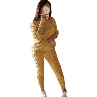 China QUICK DRY ODM/OEM Customized Rope Pattern Long Sleeves Top Casual Pants Plus Size 2 Piece Knit Sweater Set Women Two Piece Outfits for sale