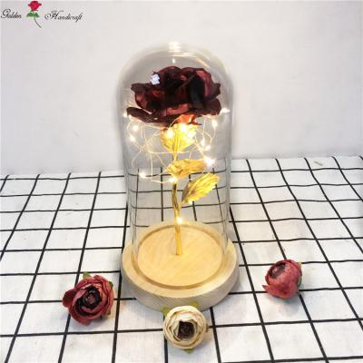 China Wedding/Best Home Decoration Gift 24K Gold QSLH-S0352 Preserved Beauty Rose in Glass Dome on Wooden Base for Valentine's Day for sale