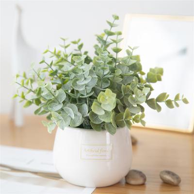 China Durable Home Decoration Small Ceramic Pot Eucalyptus Artificial Potted Plants QSLH-PE065 for sale