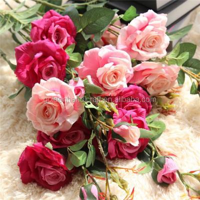 China High Quality Silk Rose Artificial Rose Flowers For Wedding Decor of 3 Heads Artificial Flower for sale