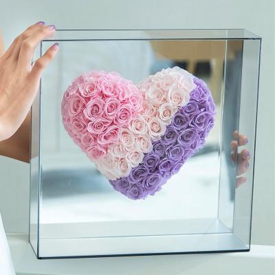 China Romantic Real Preserved Rose 2022 New Forever Luxury Heart-Shaped White Roses Reflect Gift Acrylic Flowers Box Forever Preservatives Eternal Preserved Rose for sale