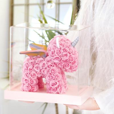 China Real Romantic Preserved Eternal Unicorn Rose Unicorn Gifts Box Preserved Rose Hydrangea Rose Valentines Day Handmade Preserved With Acrylic Box for sale