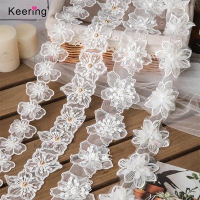 China 2022 Chemical White Polyester Shrink-Resistant Embroidery 100% Lace Trim 3d Flower Water Soluble Lace Trimming Chiffon WTPA-014 for sale