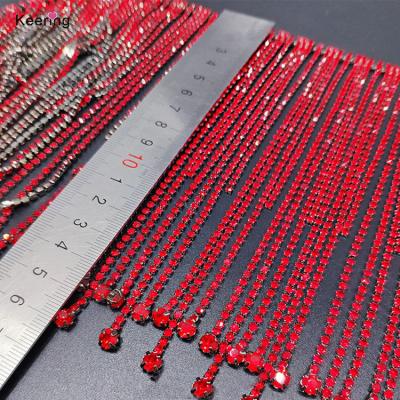 China Decoration Keering Shine Crystal 16cm In Red Colored Long Length Rhinestone Tassel AB Chain Rhinestone Fringe Trim For Sexy Dresses for sale