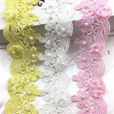 China Fashion Water Soluble Hot Fix Crystal Rhinestone Beaded Chiffon Flower Polyester Lace Border Trim For Dress And Garment for sale