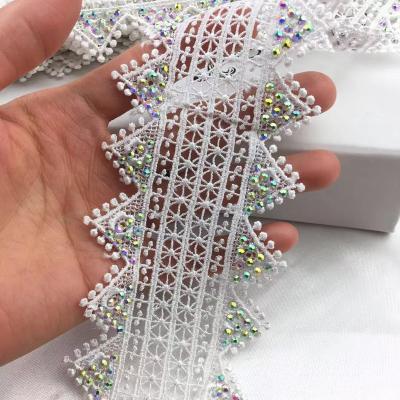 China Fashion Water Soluble Bottom Crystal Rhinestone Beaded Chiffon Flower Polyester Lace Trimming For Garment And Dress for sale