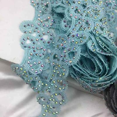 China Fashion Water Soluble Hot Fix Crystal Rhinestone Beaded Chiffon Flower Polyester Lace Trimming for sale