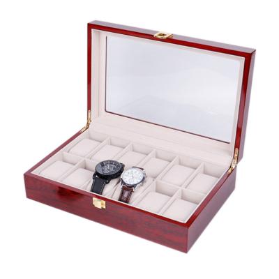 China Handmade 12 Slots Watch Wooden Box Case 12 Jewelry Display Case Watch Organizer with Glass Display for sale