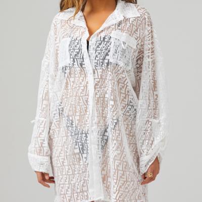 China Fashion Breathable Mesh Embroidery Cardigan Long Sleeve Bikini Cover Up See Through Swimsuit Cover Up for sale