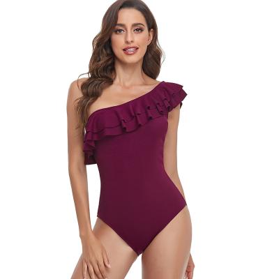 China Breathable Women's One Piece Swimwear One Shoulder Asymmetric Swimwear Ruffle Multiple Color Beach Wear Women for sale