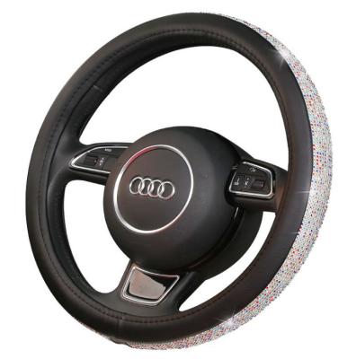 China Fashion Leather Bling Crystal Rhinestones Universal Fit Shiny Diamond Leather Car Steering Wheel Cover 15 Inch Anti-skid New for sale