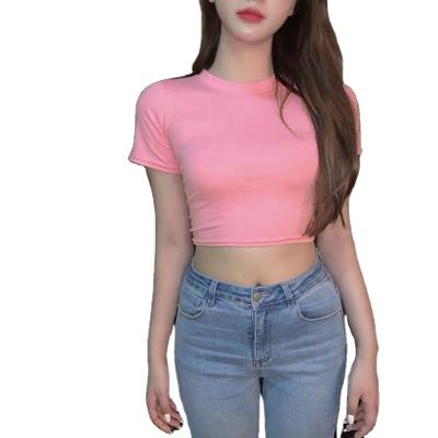 China 2021 Summer Soild Pink Color Breathable Short Sleeve T-shirt Black White O Neck Sexy Crop Top Knit Short Blouse for sale