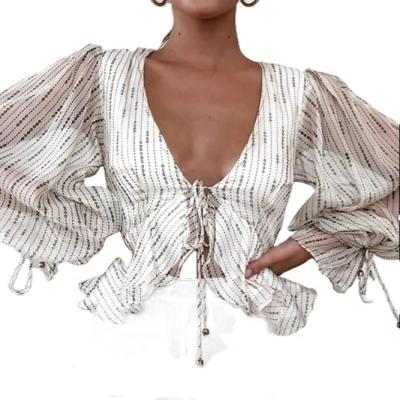 China Manqi Breathable Hot Selling Deep V Neckline Women Crop Top Chiffon Ruffles Sexy Blouse Bowknot Neckline Tops for sale