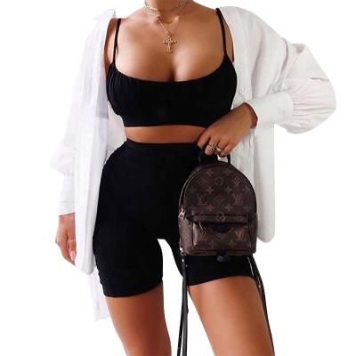 China Breathable Two Bodycon 2 Piece Ruched Reflective Cotton Set Women Biker Shorts V Neck Crop Top Sleeveless Casual Outfits Sets for sale