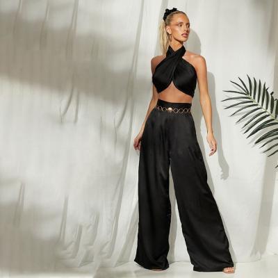 China Breathable Two Piece Set Outfits 2 Piece Satin High Waist Pants Sets For Women for sale