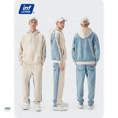 China ODM Service Denim QUICK DRY Tracksuit Couple Patchwork Leisure Oversize Hoodie And Sweatpants Set for sale